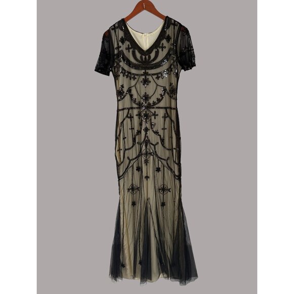 Vintage-Inspired Black Sequin Embellished Maxi Gown With Sheer Tulle Overlay & S - Picture 2 of 8